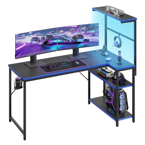 51" L-Shaped Gaming Desk with Power Outlets LED Lights, Black&Blue - color: Black&blue, size: 51 Inch