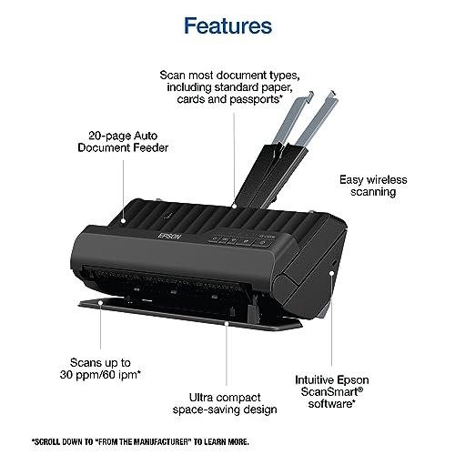 Epson Workforce ES-C320W Wireless Compact Document Scanner Duplex 20-pg ADF | 20-Page Auto Feeder 2-Sided Duplex Scanning Mobile Connectivity Paper and Card Support - style: ES-C320