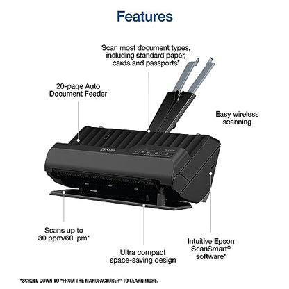 Epson Workforce ES-C320W Wireless Compact Document Scanner Duplex 20-pg ADF | 20-Page Auto Feeder 2-Sided Duplex Scanning Mobile Connectivity Paper and Card Support - style: ES-C320
