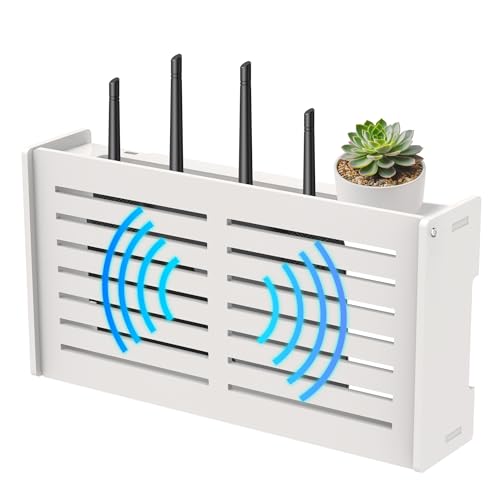 Router Shelf Wall Mount WiFi Router Box Hider Modem Cover with Cable Management Power Strip Organizer Storage Box Multiple Cable Holes (White)