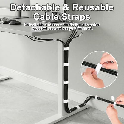 Under Desk Cable Management, Self-Adhesive Hook and Loop Straps, Adjustable Reusable Wire Organizer for Home Office Essentials (20 Pairs) - color: White