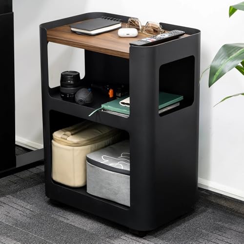 Desky Minimal Open Mobile Pedestal – 3-Tier Open Storage Cabinet with Hidden Swivel Casters and Integrated Cable Management, Black Frame/Classic Oak - color: Classic Oak / Black, size: Black