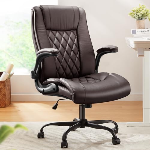 Marsail Executive Office Chair with Flip-up Armrests,PU Leather Ergonomic Desk Chair Height-Adjustable Swivel Rolling Desk Chair - color: Brown