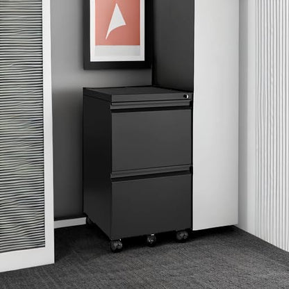MIIIKO 2 Drawer File Cabinet on Wheels, Home Office Mobile Under Desk with Lock, Vertical Files Drawers for Legal/Letter/A4,Fully Assembled - color: Black, size: 2 Drawer-14.57"W -Mobile-b