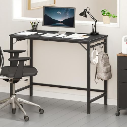 HOOBRO Computer Desk, 31.5 Inch Small Desk with Power Outlet, Writing Table with USB Charging Ports and 3 Hooks for Home Office, Study Room, Bedroom, Easy to Assemble, Black BB40UDN01 - color: Black + Black, size: 31.5"W x 15.7"D x 30.3"H