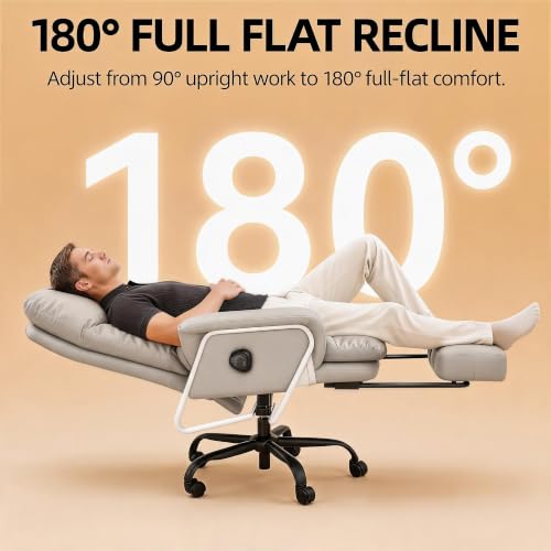 180° Reclining Office Chair with Footrest, PU Leather Desk Chair with 4-Position Backrest and Thick Cushion, Executive Computer Chair for Home Office, Work and Study,Gray - color: Grey