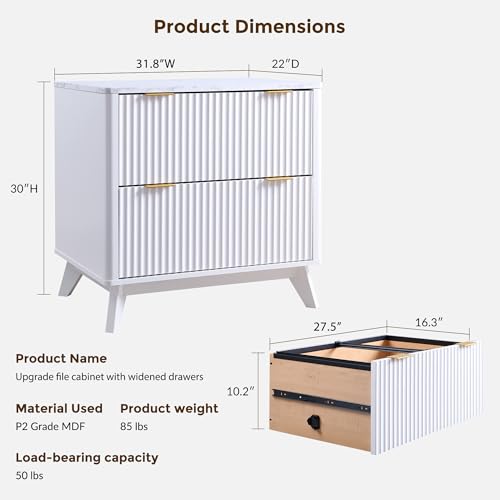 T4TREAM 31.8-Inch Fluted 2-Drawer Lateral File Cabinet, White | Filing Cabinet with Files Hanging Rod for Letter, Legal, A4, Large Tabletop for Printer, Wood Printer Cabinets, Home Office - color: White
