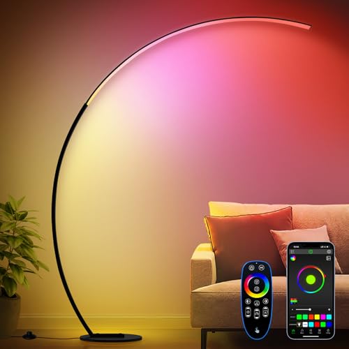 RGB Floor Lamp with 3 Color Temperatures, Ultra Bright 1800LM Smart Arc LED Floor Lamp with Remote Control, Music Sync, Scene Modes, Modern Standing Tall Lamp for Bedroom Living Room Gaming Rooms - color: Matte Black-RGBCCT
