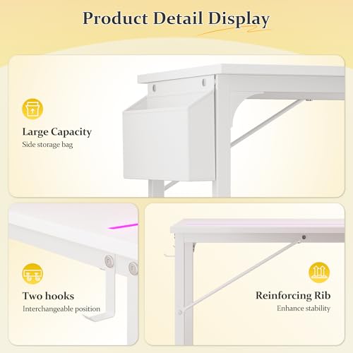 DurayLoly 48" Gaming Desk with Waterproof LED Lights for Bedroom,White - color: White, size: 48 IN