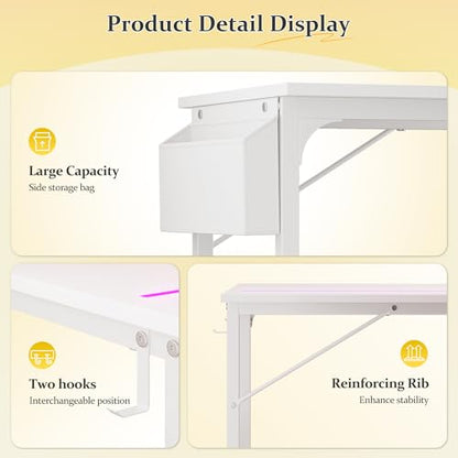 DurayLoly 48" Gaming Desk with Waterproof LED Lights for Bedroom,White - color: White, size: 48 IN
