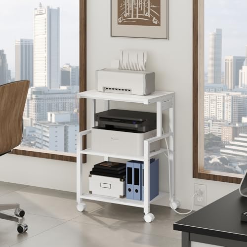 MAHANCRIS Mobile Printer Stand, 3-Tier Industrial Printer Cart with 2 AC Outlets and 2 USB Ports, Rolling Printer Table on Wheels for Home Offices Kitchen Organization Rack, White PTWT78E01 - color: White