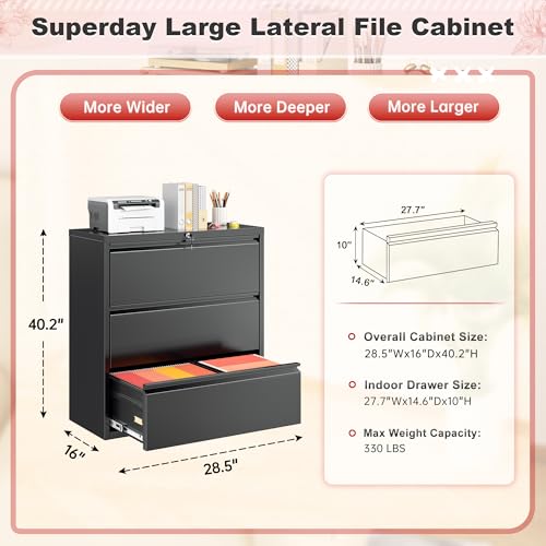 Superday Lateral File Cabinet 3 Drawer Metal File Cabinet with Lock, Black Filing Cabinets for Home Office, Locking Filing Cabinets Hanging Files Letter/Legal/F4/A4 - color: Black, style: 3 drawer-wide