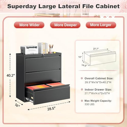 Superday Lateral File Cabinet 3 Drawer Metal File Cabinet with Lock, Black Filing Cabinets for Home Office, Locking Filing Cabinets Hanging Files Letter/Legal/F4/A4 - color: Black, style: 3 drawer-wide