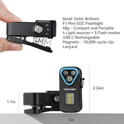 TECKNET EDC Flashlight Clip-on Light, Rechargeable Mini Pocket Flashlight | 650 Lumens, 7 Lighting Modes, Magnetic Flash Lights, IPX6 Waterproof, Small Keychain Light for Outdoor or Home Emergencies