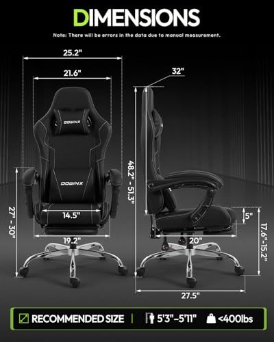 Dowinx Ergonomic Gaming Chair with Footrest & Massage Lumbar, 2D-Linkage Armrests for Computer Chair 330lbs with Headrest Pillow for Office, Home, Streaming and Long Gaming Sessions, Black - color: Black