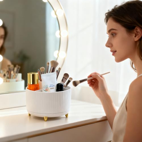 Makeup Brushes Holder Organizer,360° Rotating Cosmetic display cases with 5 compartment Cosmetic and Skincare Organizers,Multi-Purpose Makeup Brush Holder for Bathroom Vanity Desktop Decor
