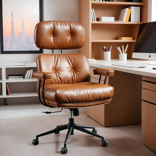 High Back Executive Office Chair with Comfortable Deep Seat,Brown PU Leather Modern Office Chair,Ergonomic Big and Tall Computer Desk Chair with Lumbar Support(Light Brown) - color: Brown,pu Leather, size: Big High Back