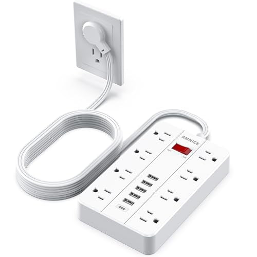 Power Strip Extension Cord, SMNICE Flat Plug Long Cord 10 Ft,White | 8 Widely Spaced Outlets 6USB(1 USB C) Charging Station , Wall Mount for Dorm Home, Office Accessories - color: White, size: 10FT
