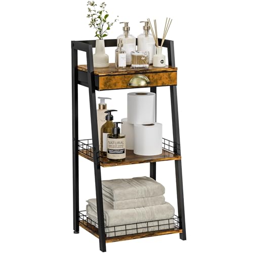 keomaisyto 3-Tier Bathroom Shelves with Canvas Drawer, Floor Bathroom Storage Shelf, Small Storage Stand Rack, Freestanding Ladder Shelf for Living Room Bedroom, Rustic Brown - color: Brown, size: 3-Tier Regular with Drawer