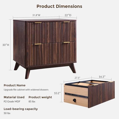 T4TREAM 31.8-Inch Fluted 2 Drawer Lateral File Cabinet, Dark Walnut | Filing Cabinet with Files Hanging Rod for Letter, Legal, A4, Large Tabletop for Printer, Wood Printer Cabinets, Home Office - color: Dark Walnut