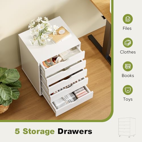 Sweetcrispy 5 Drawers Rolling Storage Cabinet, Mobile Wood Under Desk Drawer Organizer Chest with Wheels, Vertical Storage Unit for Home Office, Craft Room & Kitchen, White