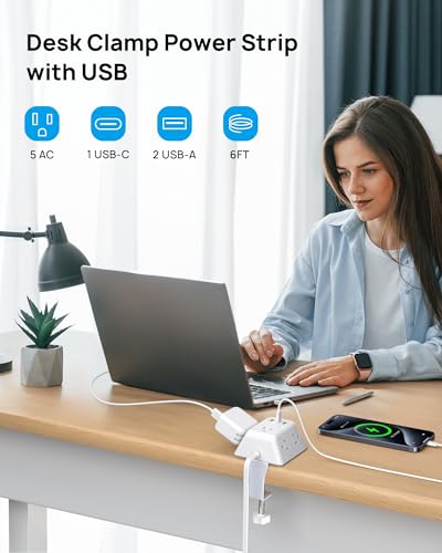 Desk Clamp Power Strip, Surge Protector with 5 AC Outlets and 3 USB Ports, Desk Mount Charging Station, Surge Protector Power Strip with 360° Rotating Flat Plug, 5 Widely Spaced Outlets with 2 USB C