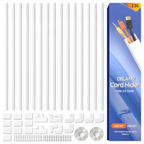 Delamu 236in Cord Hider, Professional Cable Cover Kit for Wall, TV Wire Hider for Wall Mounted TV, Raceway Cover on Management Wires, Cable Concealer, 0.95'' H x 0.55'' W, White - color: White, size: 236in x 0.95in x 0.55in