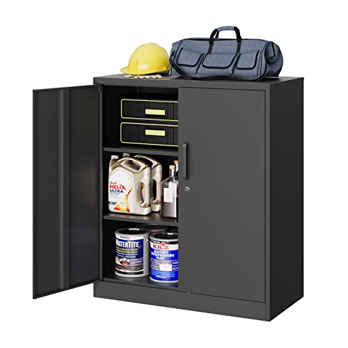 MIIIKO Metal Storage Cabinet with Locking Doors, 2-Door Storage Locker with 2 Shelves, Black Metal Cabinet with Lock for Home Office, Garage, Utility Room, Kitchen and School - color: Black, style: 36"H-Handle