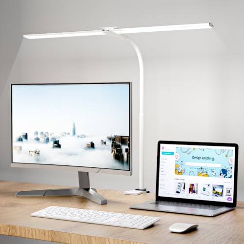 Hensam Desk Lamps for Home Office, Adjustable LED Desk Light with Clamp | Eye-Caring, 5 Color Temp, Dimmable, Flexible Gooseneck, for Dual Monitors, Workbench, Study, Drafting, 1400 lm, 25in, White - color: White, size: 25 inch