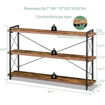 HCHQHS Bookshelf, 3-Tier Long Industrial Bookcase, Rustic Open Book Shelf, Freestanding Horizontal Bookshelves with Metal Frame - color: Rustic Brown, size: 3-Tier (56.7"W x 35.8"H)