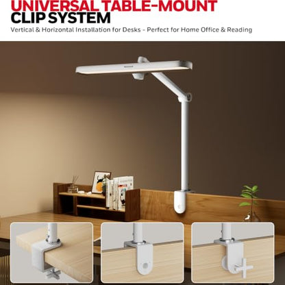 Honeywell 05B02 LED Desk Lamp with Clamp, Task Lamp for Home Office | Sunturalux Natural Daylight, CRI≥97 1300LM 4000K, RG0 Low Blue Light, Flicker-Free, Full Metal Clip On Lamp for Study Work