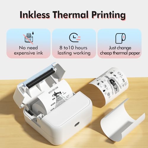 Bisofice Mini Printer with 11 Rolls of Printing Paper 57mm, Mini Pocket Sticker Printer, Portable Thermal BT Photo Printing for Study Notes, DIY, Diary, Pictures, Labels (White) - color: White