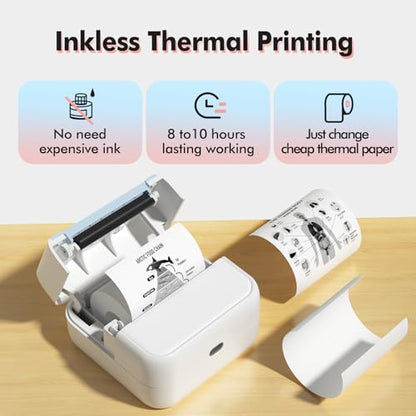 Bisofice Mini Printer with 11 Rolls of Printing Paper 57mm, Mini Pocket Sticker Printer, Portable Thermal BT Photo Printing for Study Notes, DIY, Diary, Pictures, Labels (White) - color: White