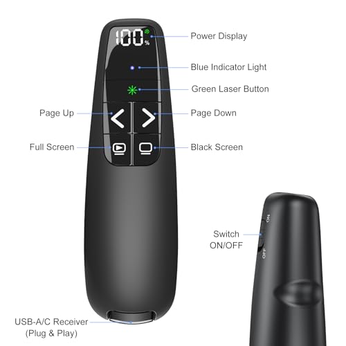 Presentation Clicker & Case, Green Laser Power Display Presenter Remote | 2‑in‑1 USB/Type C Receiver, Rechargeable Red Laser Pointer Wireless Computer PowerPoint PPT Clickers for Mac/Windows - style: Green Light & Power Display