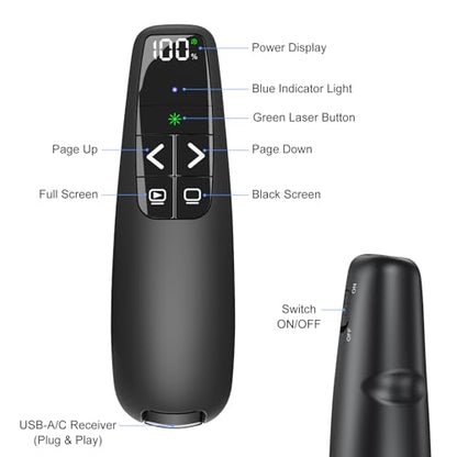 Presentation Clicker & Case, Green Laser Power Display Presenter Remote | 2‑in‑1 USB/Type C Receiver, Rechargeable Red Laser Pointer Wireless Computer PowerPoint PPT Clickers for Mac/Windows - style: Green Light & Power Display