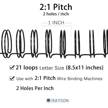 Rayson Wire Binding Spines, 3/8" 2:1 Pitch, 21-Loop Black, 100 Pack | Binds up to 70 sheets; 3/8" black double-loop wires fit 2:1 pitch binders for Letter-size documents. - size: 3/8"