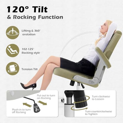 SEATZONE Green Office Chair Ergonomic Desk Chair with Lumbar Support, Flip-Up Arms, Adjustable Swivel Computer Chair with Wheels, PU Leather Executive Task Chair for Home Office Small Space - color: Green