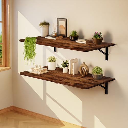IAE Wall Mount Folding Desk,Floating Computer Desk for Small Spaces,Rustic | 36x22in engineered wood desktop with metal brackets, folds flat to save space in home office, apartment and laundry room - color: Rustic, size: 36"*22"