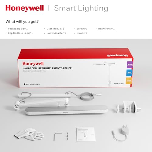 Honeywell 05B02 LED Desk Lamp with Clamp, Task Lamp for Home Office | Sunturalux Natural Daylight, CRI≥97 1300LM 4000K, RG0 Low Blue Light, Flicker-Free, Full Metal Clip On Lamp for Study Work