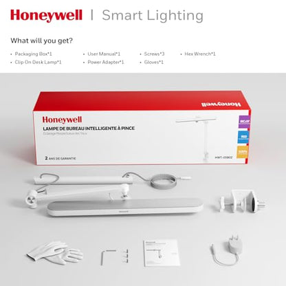 Honeywell 05B02 LED Desk Lamp with Clamp, Task Lamp for Home Office | Sunturalux Natural Daylight, CRI≥97 1300LM 4000K, RG0 Low Blue Light, Flicker-Free, Full Metal Clip On Lamp for Study Work