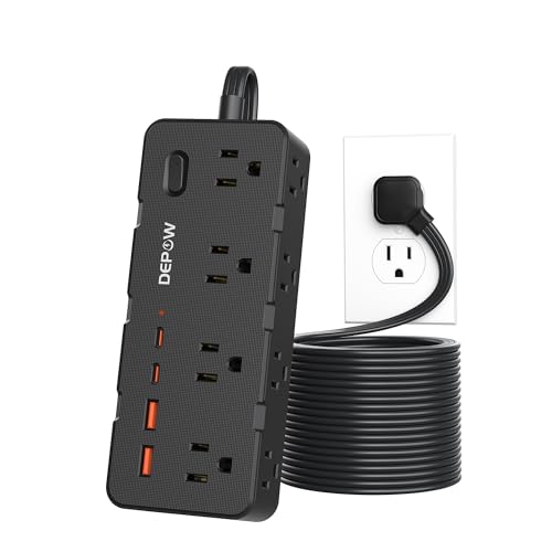 DEPOW 10Ft Extension Cord,Flat Plug Power Strip,8 AC & 4 USB Ports (2USB C) | Surge Protector with 1700J, Desk Charging Station for Home Office,College Dorm Room Essentials, Nightstand, Black - color: Black, size: 10 ft (3 prong plug)