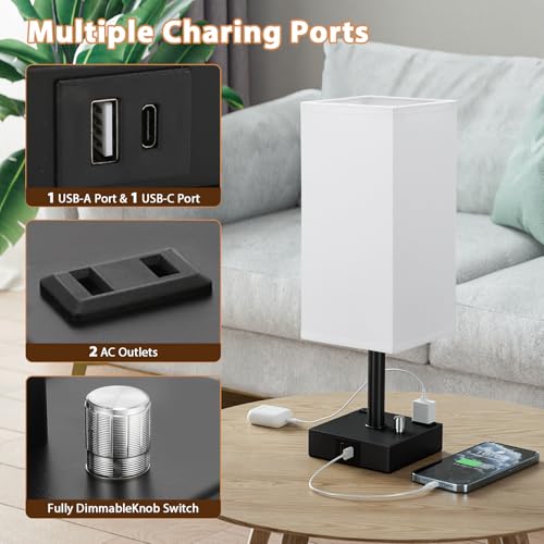 White Bedside Table Lamps Set of 2 - Dimmable, USB C+A, 2 AC Outlets | Stepless Dimmable by Rotary Knob, 3000K LED Bulbs Included, Square White Linen Shade, Nightstand Lamp for Living Room, Desk - color: White