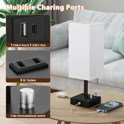 White Bedside Table Lamps Set of 2 - Dimmable, USB C+A, 2 AC Outlets | Stepless Dimmable by Rotary Knob, 3000K LED Bulbs Included, Square White Linen Shade, Nightstand Lamp for Living Room, Desk - color: White