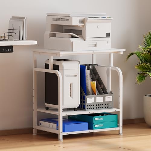 Unionly Large Rolling Printer Stand with Height Adjustable Shelf and Wheels | 3-Tier Rolling Printer Cart with Wheels, Heavy-Duty Wood Printer Table with strudy steel frame for Home Office,White - color: White