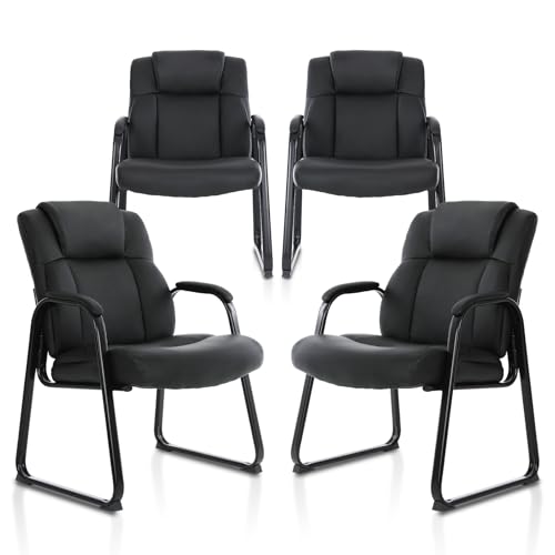 CLATINA Big and Tall Office Chair Set of 4 500lbs Leather Reception Chair with Bonded Padded Armrest Wide Seat Sled Base Desk Chair No Wheels for Reception Conference Waiting Room Side Office, Black - color: Black Sled Base, size: 4 Pack