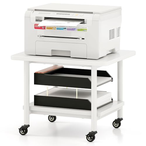 GOFLAME Under Desk Printer Stand, 2-Tier Mobile Printer Table with Storage Shelf, Metal Frame, Rolling Printer Cart Holder Storage Rack with Lockable Wheels for Home Office, White - color: White