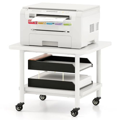 GOFLAME Under Desk Printer Stand, 2-Tier Mobile Printer Table with Storage Shelf, Metal Frame, Rolling Printer Cart Holder Storage Rack with Lockable Wheels for Home Office, White - color: White