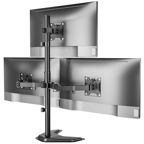 monTEK Freestanding Triple Monitor Stand for 17-32" Screens, 22 lbs Each | Solid V-shaped base, three-screen full-motion arms, height adjustment, tilt, swivel, rotation and VESA 75/100 - size: Triple Monitor