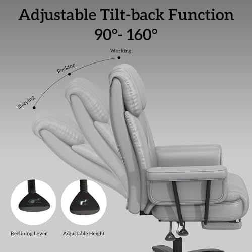 GYI 160 Reclining Office Chair with Footrest, Big & Tall Desk Chair, Grey | Cross Legged Seat, High Back, Faux Leather, Heavy Duty Base, Adjustable Height, for Home, Executive - color: Grey