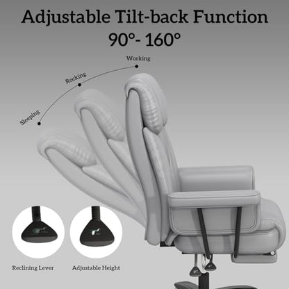 GYI 160 Reclining Office Chair with Footrest, Big & Tall Desk Chair, Grey | Cross Legged Seat, High Back, Faux Leather, Heavy Duty Base, Adjustable Height, for Home, Executive - color: Grey